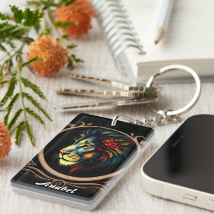 Stylized Lion Head Portrait in Mandala Frame Keychain