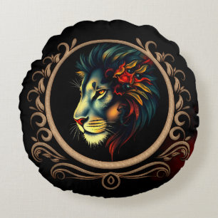 Stylized Lion Head Portrait in Mandala Frame Round Pillow