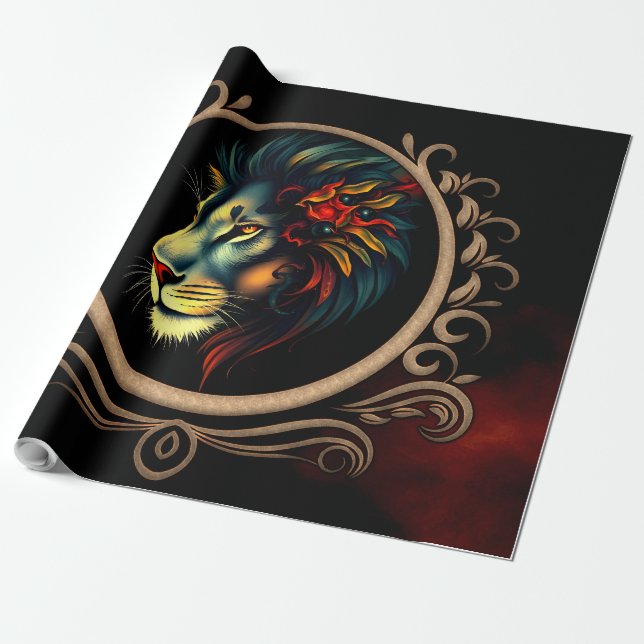 Stylized Lion Head Portrait in Mandala Frame  Wrapping Paper (Unrolled)