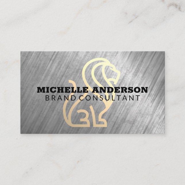 Stylized Lion Logo | Metal Texture Background Business Card (Front)