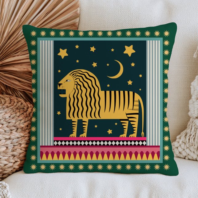 Stylized Lion Under Starry Night Sky Eclectic      Throw Pillow (Creator Uploaded)