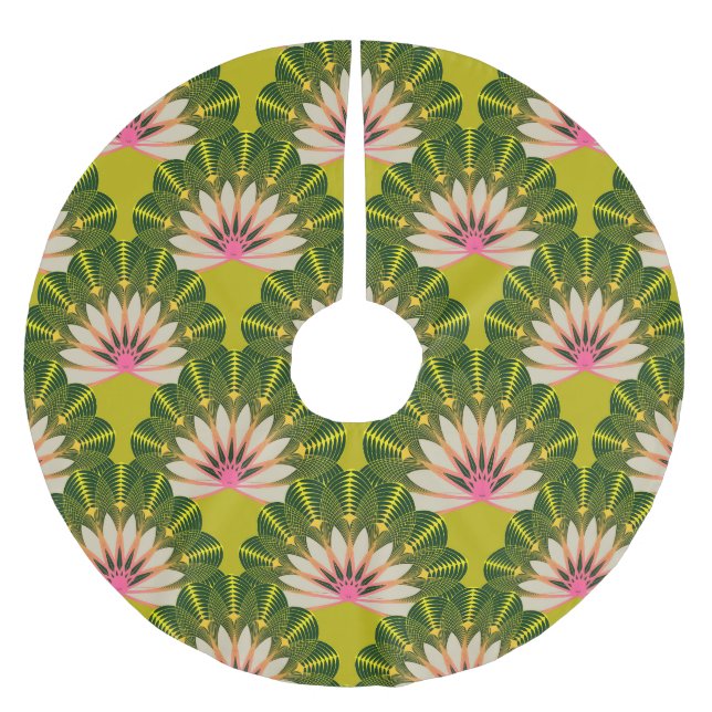 Stylized lotus wallpaper: pink, green. brushed polyester tree skirt (Front)