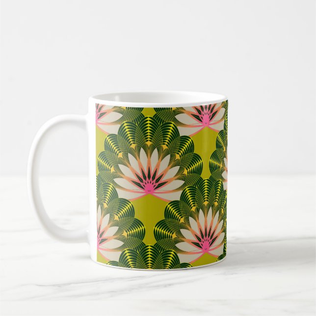Stylized lotus wallpaper: pink, green. coffee mug (Left)