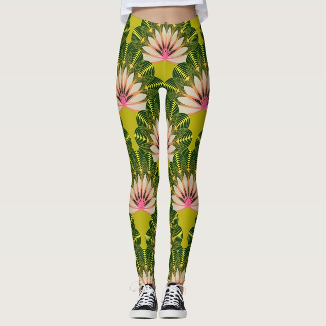 Stylized lotus wallpaper: pink, green. leggings (Front)