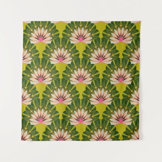 Stylized lotus wallpaper: pink, green. tapestry (Front)