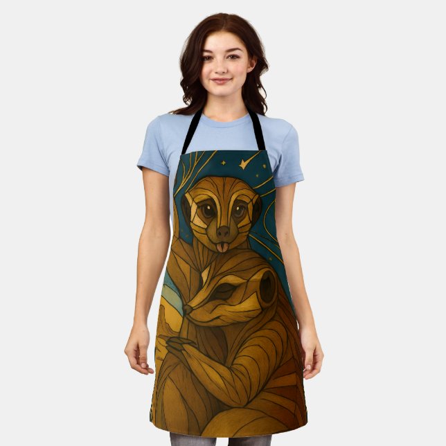 Stylized Meerkat Pair Under Starry Sky Apron (Worn)