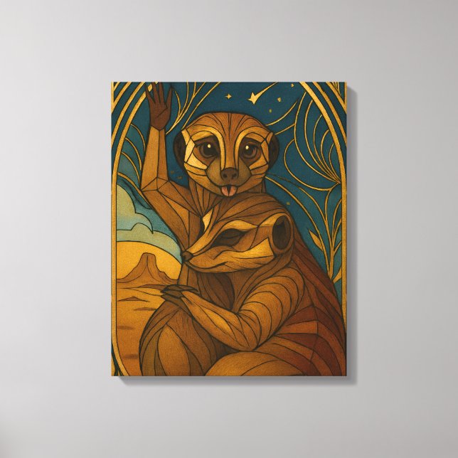 Stylized Meerkat Pair Under Starry Sky Canvas Print (Front)