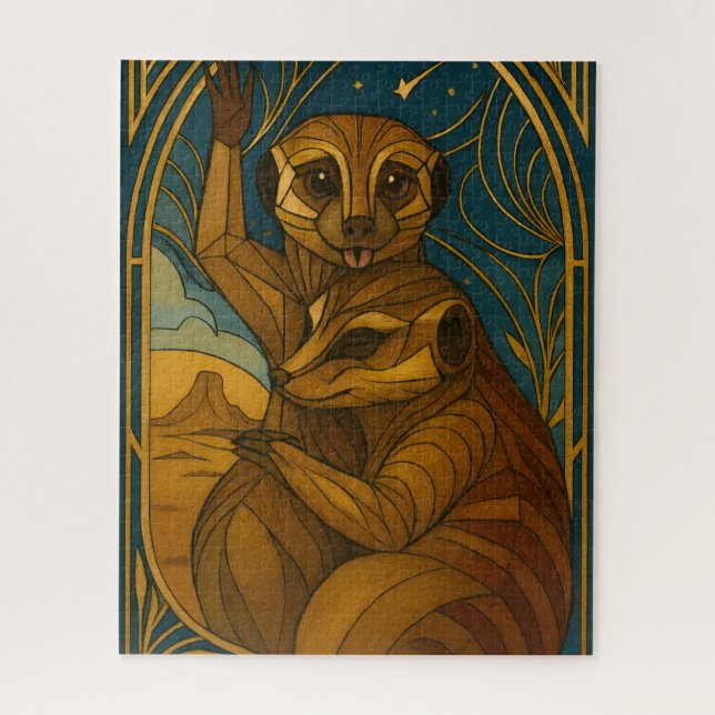 Stylized Meerkat Pair Under Starry Sky Jigsaw Puzzle (Vertical)