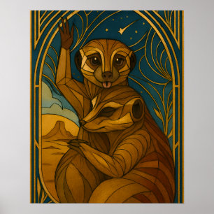Stylized Meerkat Pair Under Starry Sky Poster