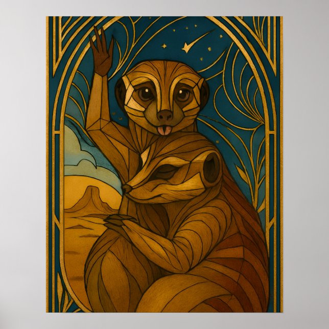 Stylized Meerkat Pair Under Starry Sky Poster (Front)