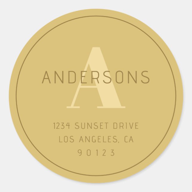 Stylized Modern Minimal Gold Return Address  Classic Round Sticker (Front)