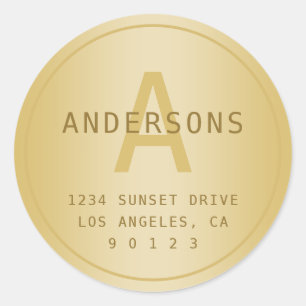 Stylized Modern Minimal Gold Return Address Classic Round Sticker