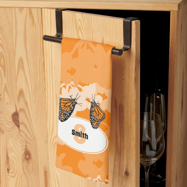 Stylized Monarch Butterfly Pair Name Orange Kitchen Towel (Thirds Fold)