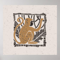 Stylized Monkey Linocut Illustration