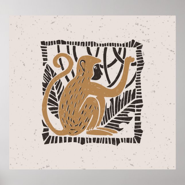 Stylized Monkey Linocut Illustration Poster (Front)