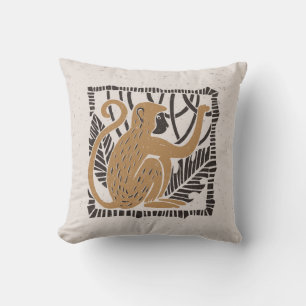 Stylized Monkey Linocut Illustration Throw Pillow