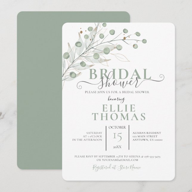 Stylized Muted Green Botanical Bridal Shower Invitation (Front/Back)