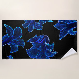 Stylized Neon Blue Flowers Floral Beach Towel