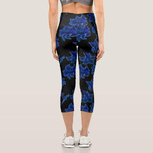 Stylized Neon Blue Flowers Floral Capri Leggings