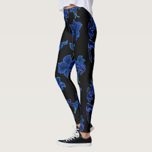 Stylized Neon Blue Flowers Floral Leggings