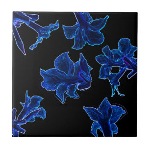 Stylized Neon Blue Flowers Floral Tile