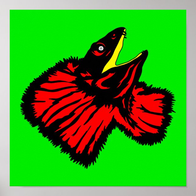 Stylized Neon Red Frilled-neck Lizard Poster (Front)