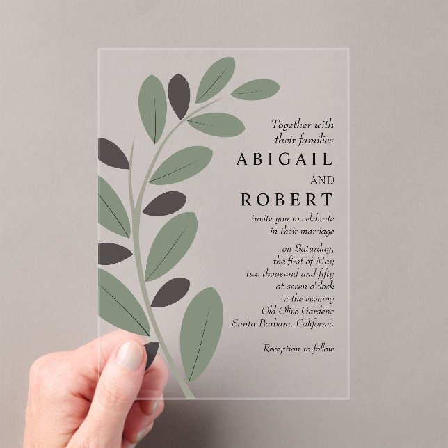 Stylized Olive branch Mediterranean charm wedding Acrylic Invitations (Insitu (Handheld))