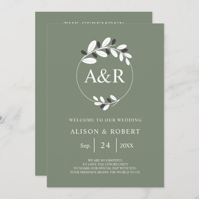 Stylized olive branch Mediterranean green wedding Program (Front/Back)