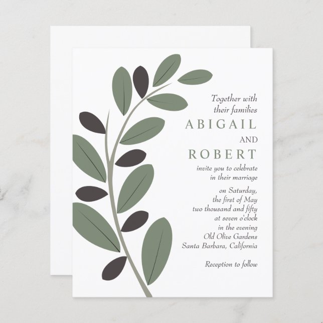Stylized olive branch QR code wedding invitation (Front/Back)