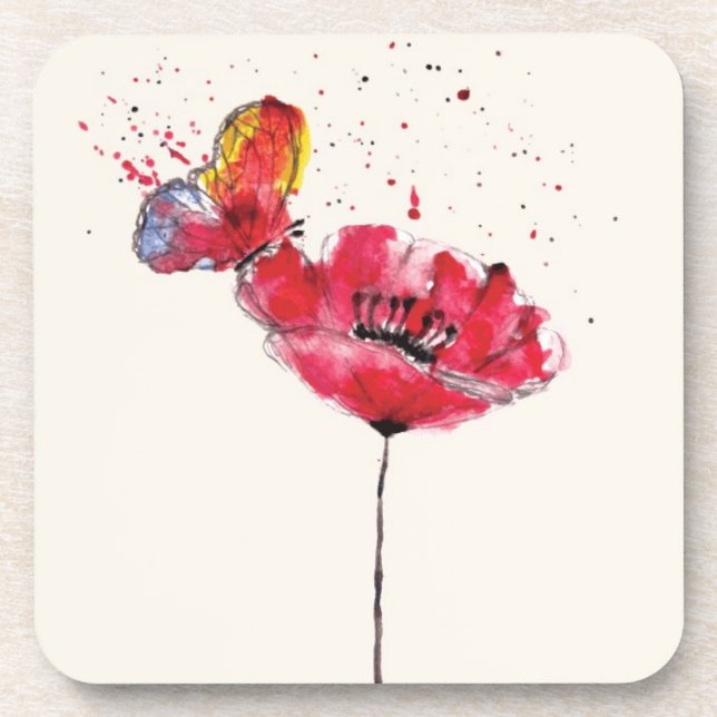 Stylized painted watercolor poppy flower coaster (Front)