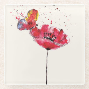 Stylized painted watercolor poppy flower glass coaster