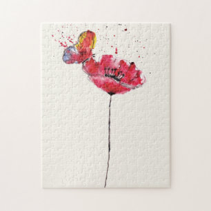 Stylized painted watercolor poppy flower jigsaw puzzle