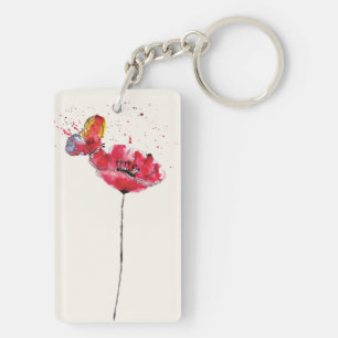 Stylized painted watercolor poppy flower keychain