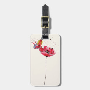 Stylized painted watercolor poppy flower luggage tag