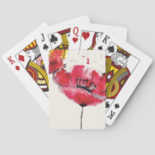 Stylized painted watercolor poppy flower playing cards