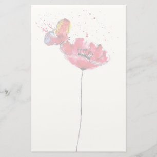 Stylized painted watercolor poppy flower stationery