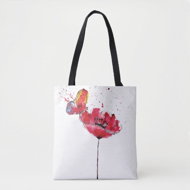 Stylized painted watercolor poppy flower tote bag (Front)
