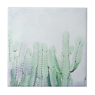 Stylized Pale Green Cactus Plants Pattern Tile