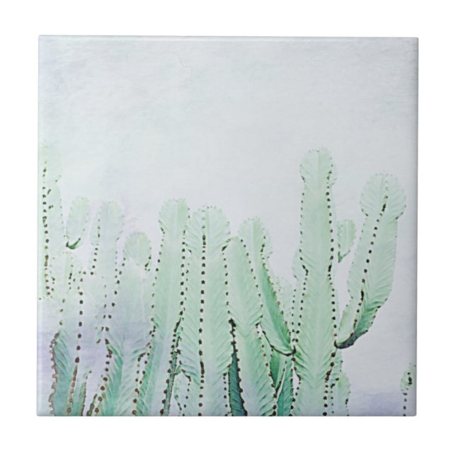 Stylized Pale Green Cactus Plants Pattern Tile (Front)