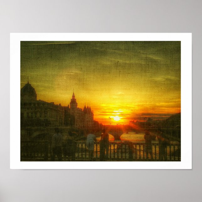 Stylized Paris Sunset Seine Bridge France Poster (Front)