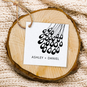 Stylized Peacock Feather Modern Wedding Square Favour Tags