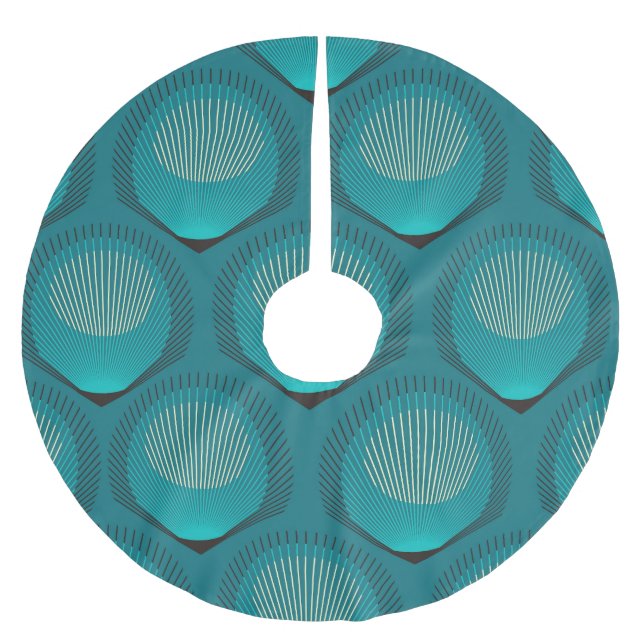 Stylized Peacock Feathers Blue Tile Brushed Polyester Tree Skirt (Front)