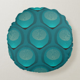 Stylized Peacock Feathers Blue Tile Round Pillow