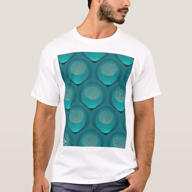 Stylized Peacock Feathers Blue Tile T-Shirt (Front)
