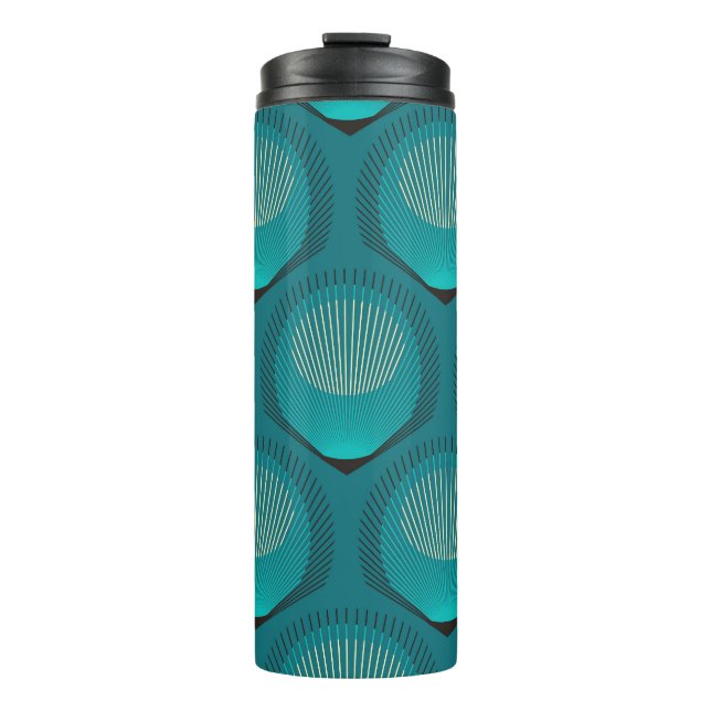 Stylized Peacock Feathers Blue Tile Thermal Tumbler (Front)