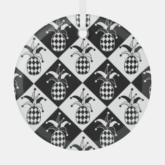 Stylized Pineapple Harlequin Doodle Pattern Glass Ornament