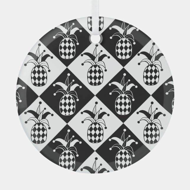 Stylized Pineapple Harlequin Doodle Pattern Glass Ornament (Front)