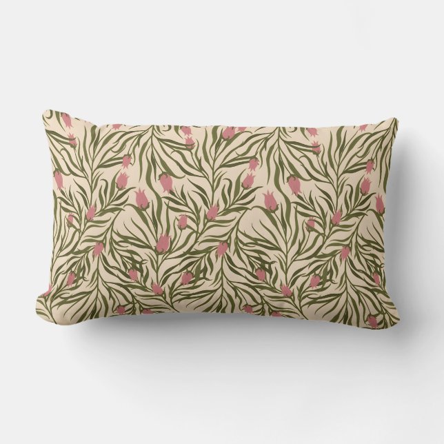Stylized pink bell-shaped floral pattern lumbar pillow (Front)