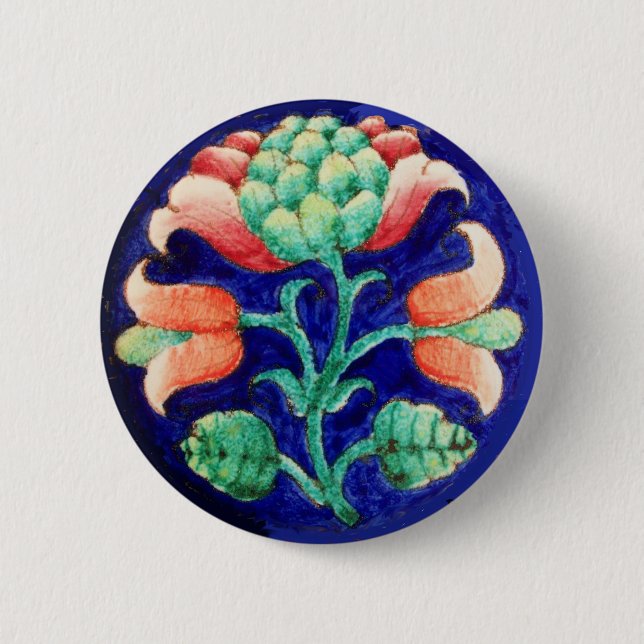 STYLIZED PINK FLOWER ,BLUE GREEN FLORAL 2 INCH ROUND BUTTON (Front)