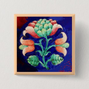 STYLIZED PINK FLOWER ,BLUE GREEN FLORAL 2 INCH SQUARE BUTTON